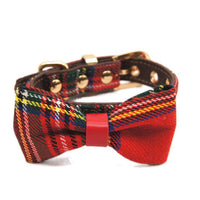 HKM-2306493 Red Plaid Bowknot Detachable Universal Pet Collar for Cats and Dogs - Leather, Adjustable Sizes S to XL