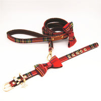 HKM-2306493 Red Plaid Bowknot Detachable Universal Pet Collar for Cats and Dogs - Leather, Adjustable Sizes S to XL