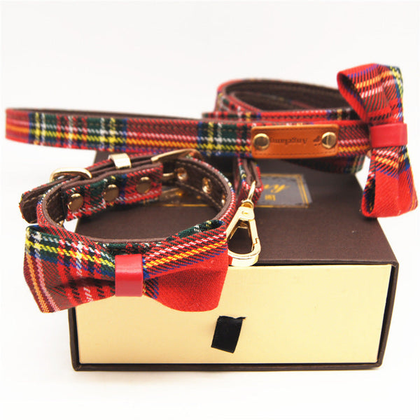 HKM-2306493 Red Plaid Bowknot Detachable Universal Pet Collar for Cats and Dogs - Leather, Adjustable Sizes S to XL