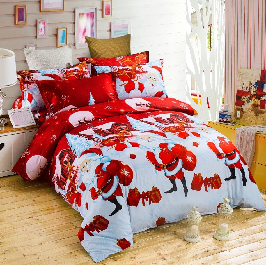 HKM-230803 Christmas Floral 3D Bed Set - Four-Piece Polyester Bedding Suite in European and American Style