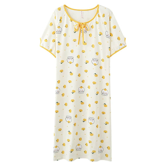 HKM-230867 Round Neck Cartoon Print Cute Home Dress Korean Style Nightdress Summer Lie Fallow Short Sleeves Cotton Women's Pajamas