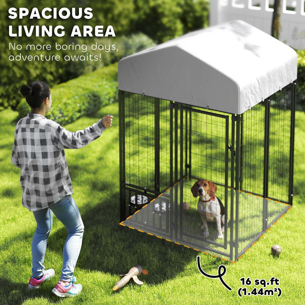 HKM-2313917 Outdoor Dog Kennel with Adjustable Bowls, Waterproof Cover, and Secure Locking Gate, 3.9 x 3.9 x 6 ft