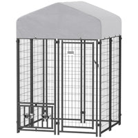 HKM-2313917 Outdoor Dog Kennel with Adjustable Bowls, Waterproof Cover, and Secure Locking Gate, 3.9 x 3.9 x 6 ft