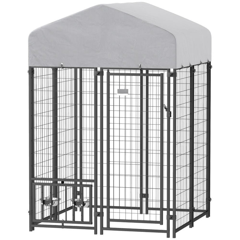 HKM-2313917 Outdoor Dog Kennel with Adjustable Bowls, Waterproof Cover, and Secure Locking Gate, 3.9 x 3.9 x 6 ft