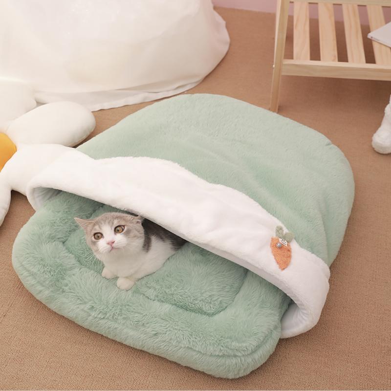 HKM-2316093 Cozy Flower Tea Cup Cat Sleeping Bag in Milk (Coffee/Green) - Size S/M