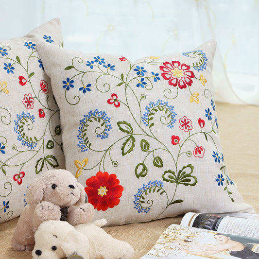 HKM-231699 Pastoral Style Embroidered Floral and Plant Square Cushion Covers for Living Room and Bedroom