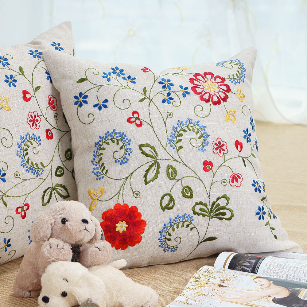 HKM-231699 Pastoral Style Embroidered Floral and Plant Square Cushion Covers for Living Room and Bedroom