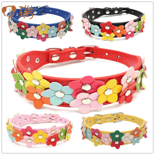 HKM-2318013 Double Row Colorful Flower Dog Collar - Durable PU Material - Adjustable Sizes S & M