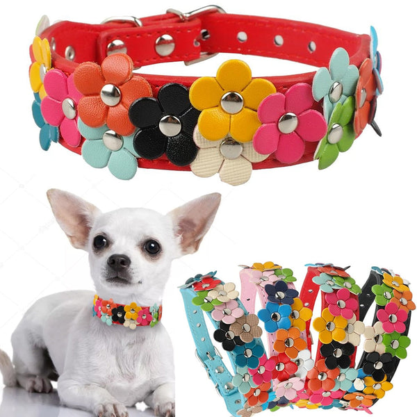 HKM-2318013 Double Row Colorful Flower Dog Collar - Durable PU Material - Adjustable Sizes S & M