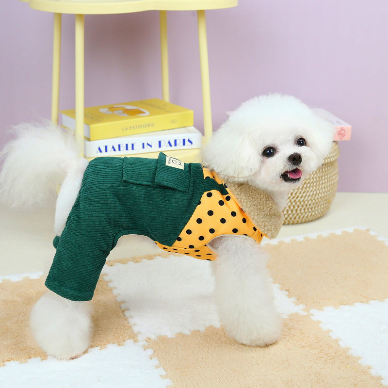 HKM-2320573 Cotton Winter Pet Clothes for Small Dogs - Thickened Four-Legged Design in Dark Green and Brown, Sizes XS-XL