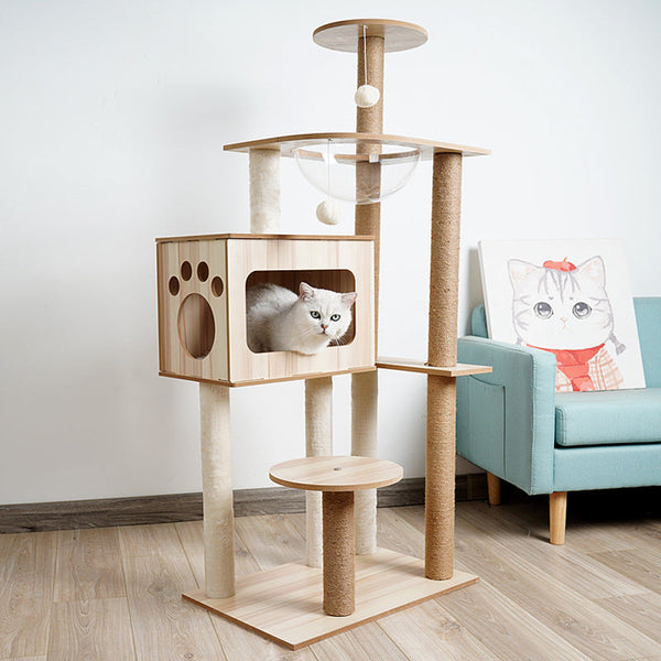 HKM-2325053 Wooden Cat Crawl Nest Scratching Board with Space Capsule Design