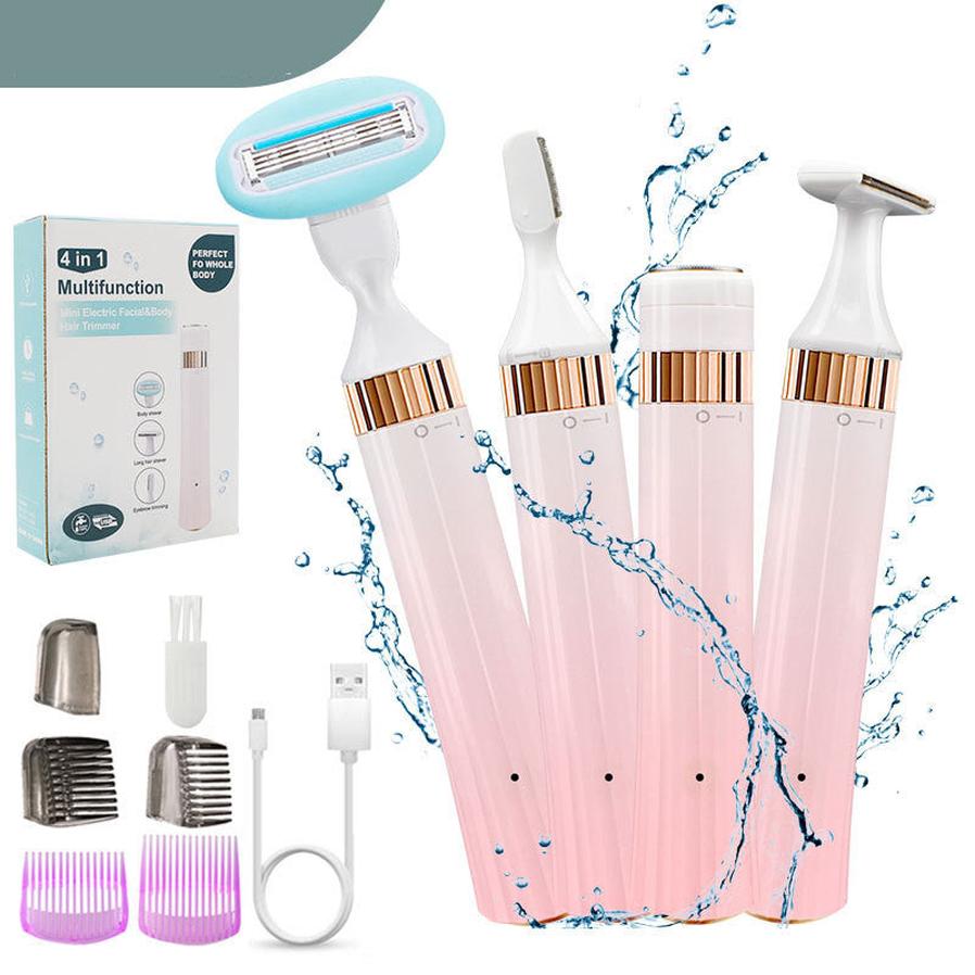 HKM-232531 Multifunctional 4-in-1 USB Rechargeable Shaving Knife for Body and Eyebrow Hair Removal - IPX7 Waterproof, Gradient Pink Design