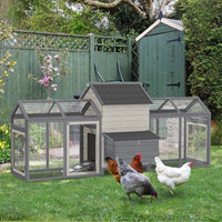 HKM-2325437 Wooden Chicken Coop with Double Run, Nesting Box, Gray - 100" Poultry House for Backyard Hens and Rabbits