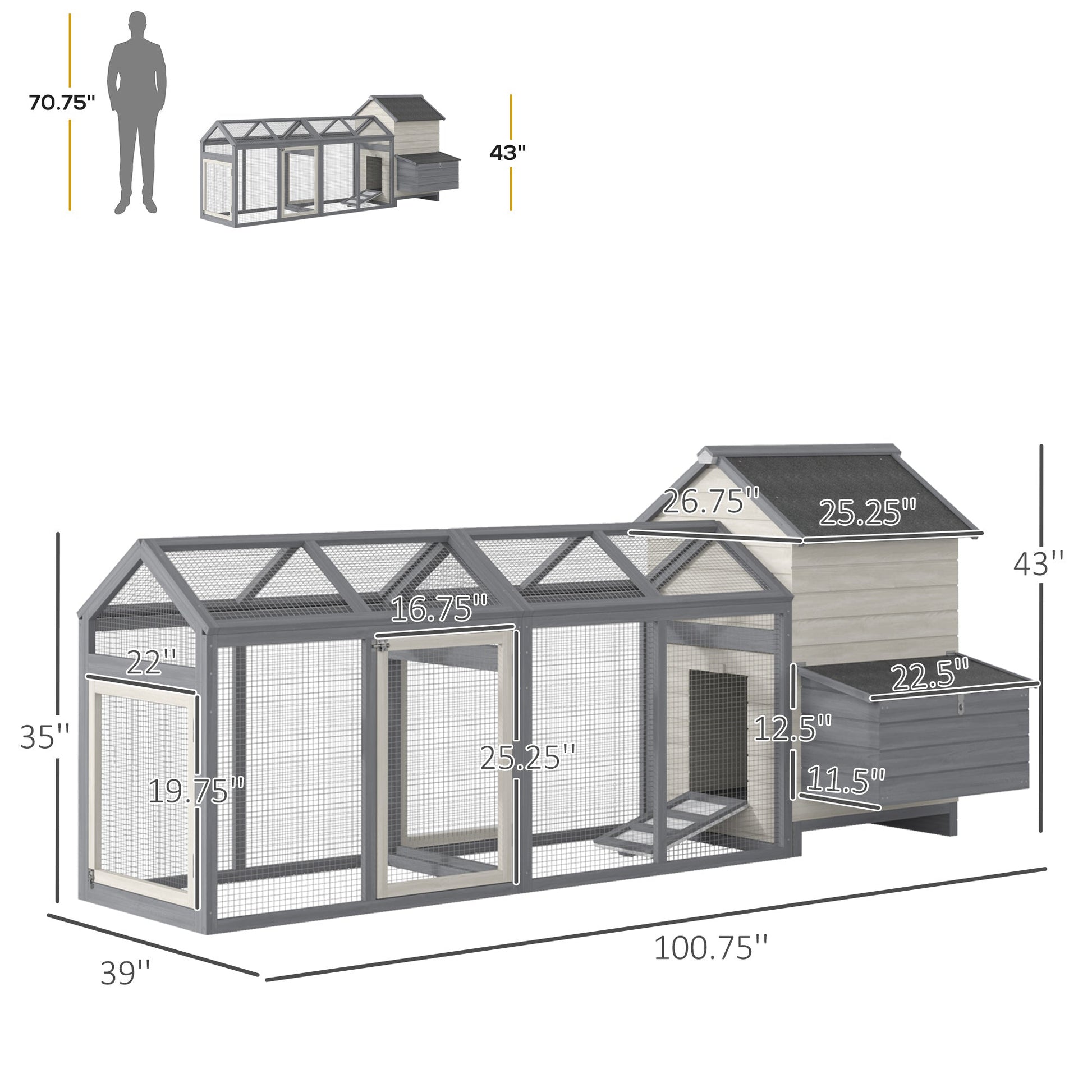 HKM-2325437 Wooden Chicken Coop with Double Run, Nesting Box, Gray - 100" Poultry House for Backyard Hens and Rabbits