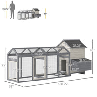 HKM-2325437 Wooden Chicken Coop with Double Run, Nesting Box, Gray - 100" Poultry House for Backyard Hens and Rabbits