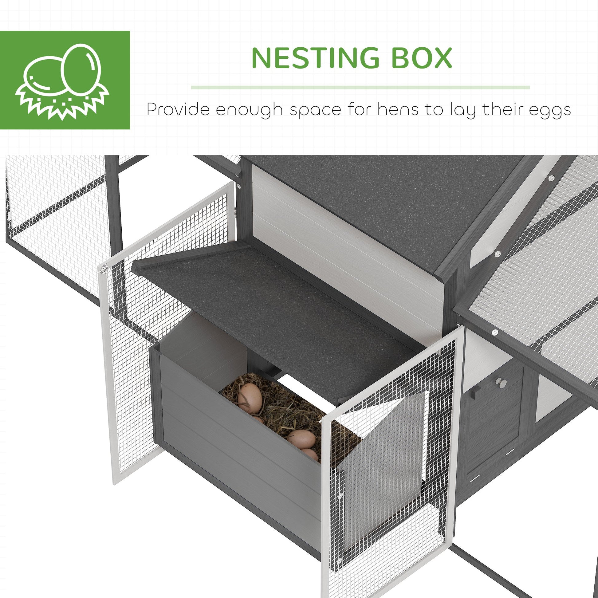 HKM-2325437 Wooden Chicken Coop with Double Run, Nesting Box, Gray - 100" Poultry House for Backyard Hens and Rabbits