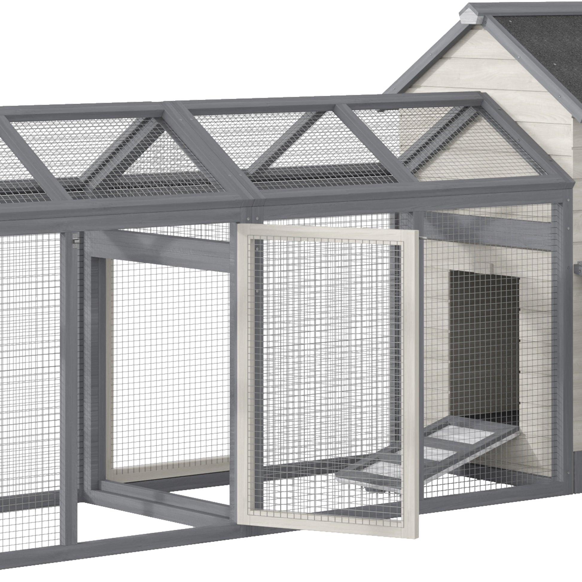 HKM-2325437 Wooden Chicken Coop with Double Run, Nesting Box, Gray - 100" Poultry House for Backyard Hens and Rabbits
