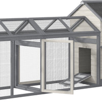 HKM-2325437 Wooden Chicken Coop with Double Run, Nesting Box, Gray - 100" Poultry House for Backyard Hens and Rabbits