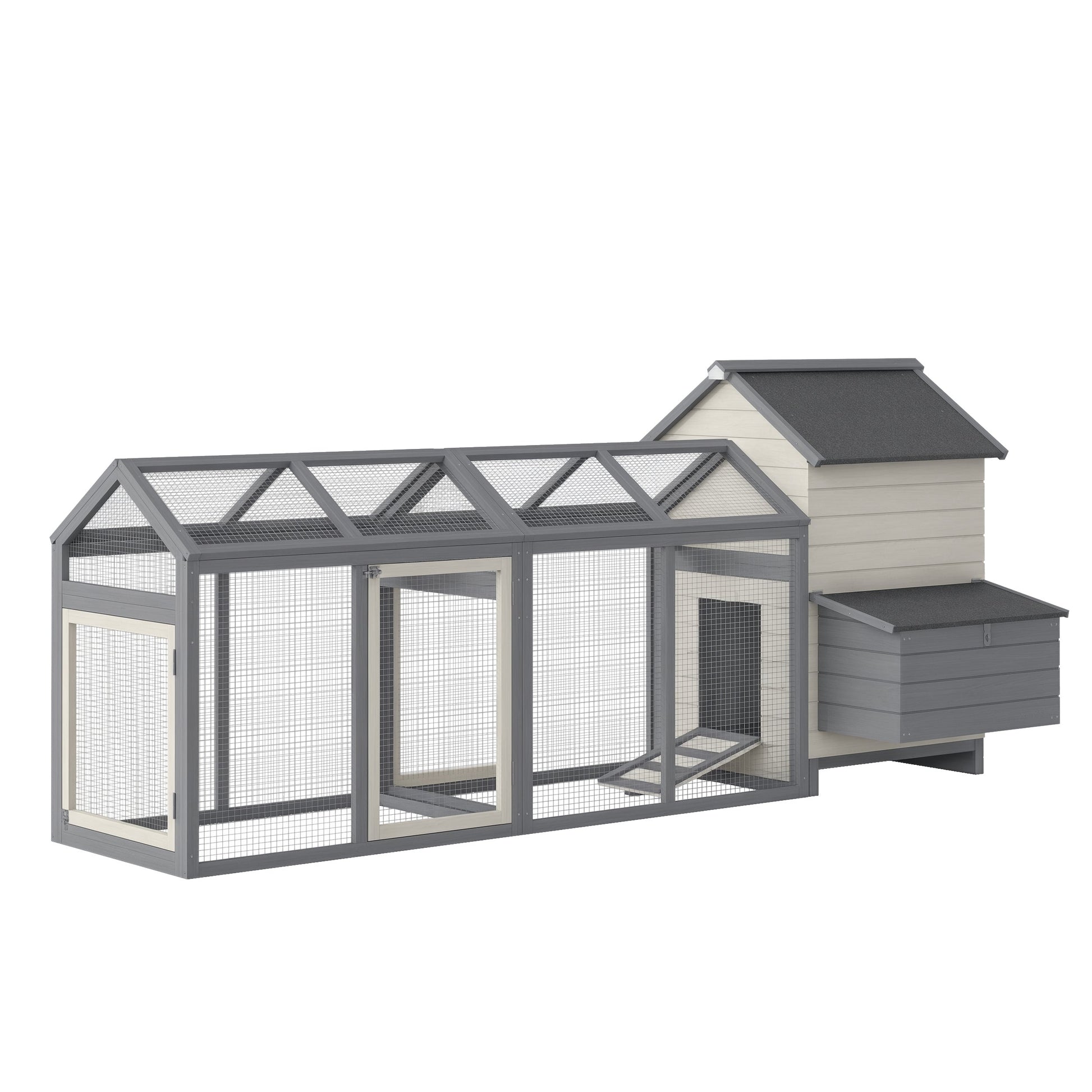 HKM-2325437 Wooden Chicken Coop with Double Run, Nesting Box, Gray - 100" Poultry House for Backyard Hens and Rabbits