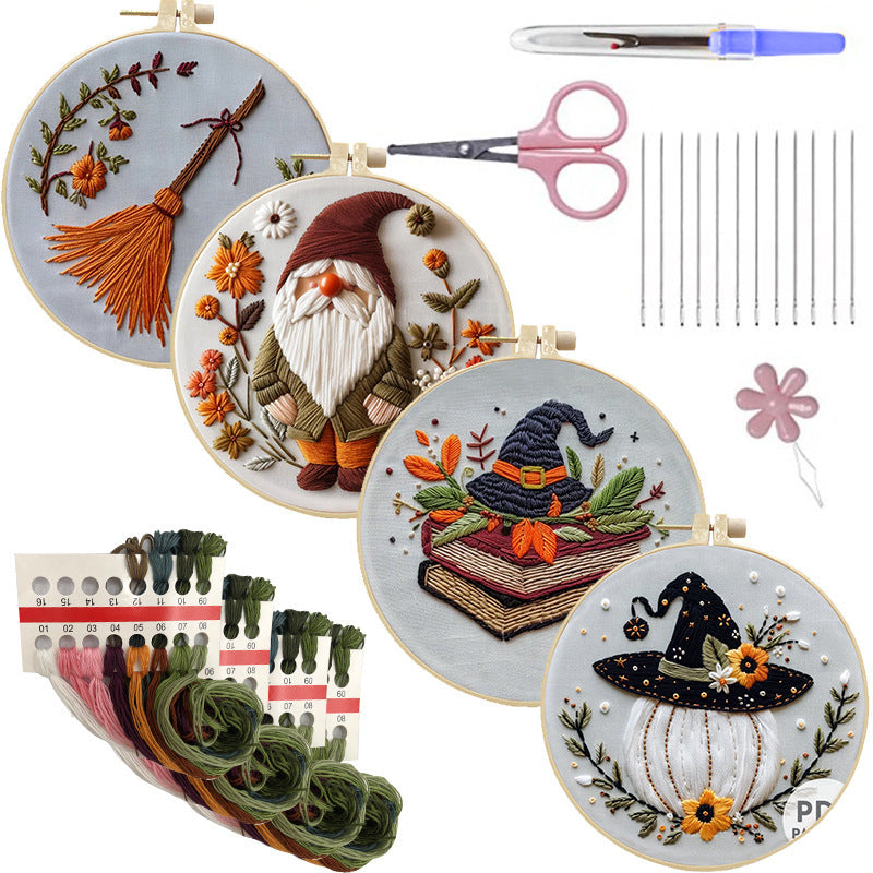 HKM-232595 Halloween and Christmas Embroidery Kit with Bat, Skull, Pumpkin Designs and Bamboo Frame