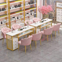 HKM-233491 Modern Nail Technician Desk Set with Pink Manicure Table and Chairs for Gel Nail Services