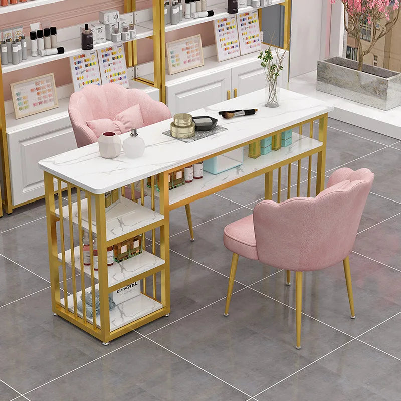 HKM-233491 Modern Nail Technician Desk Set with Pink Manicure Table and Chairs for Gel Nail Services