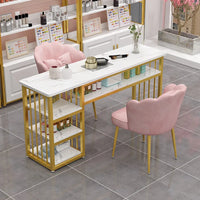 HKM-233491 Modern Nail Technician Desk Set with Pink Manicure Table and Chairs for Gel Nail Services