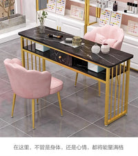 HKM-233491 Modern Nail Technician Desk Set with Pink Manicure Table and Chairs for Gel Nail Services