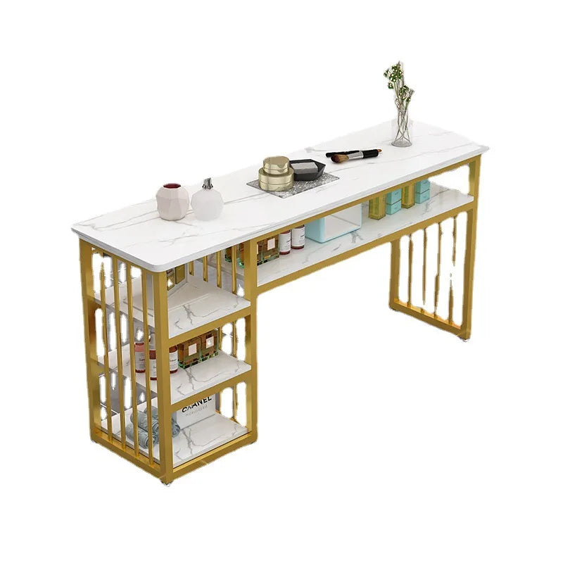 HKM-233491 Modern Nail Technician Desk Set with Pink Manicure Table and Chairs for Gel Nail Services