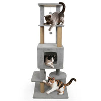 HKM-2336957 Multi-Level Light Gray Cat Tower with Plush Perches, Jute Scratching Posts, and Hanging Toys