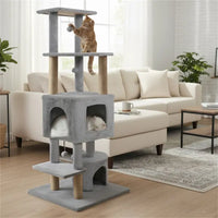 HKM-2336957 Multi-Level Light Gray Cat Tower with Plush Perches, Jute Scratching Posts, and Hanging Toys