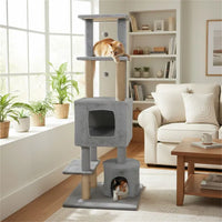 HKM-2336957 Multi-Level Light Gray Cat Tower with Plush Perches, Jute Scratching Posts, and Hanging Toys