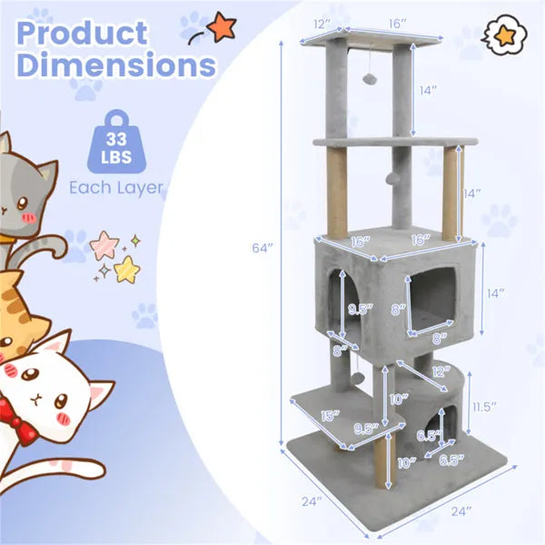 HKM-2336957 Multi-Level Light Gray Cat Tower with Plush Perches, Jute Scratching Posts, and Hanging Toys