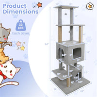 HKM-2336957 Multi-Level Light Gray Cat Tower with Plush Perches, Jute Scratching Posts, and Hanging Toys