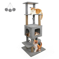 HKM-2336957 Multi-Level Light Gray Cat Tower with Plush Perches, Jute Scratching Posts, and Hanging Toys