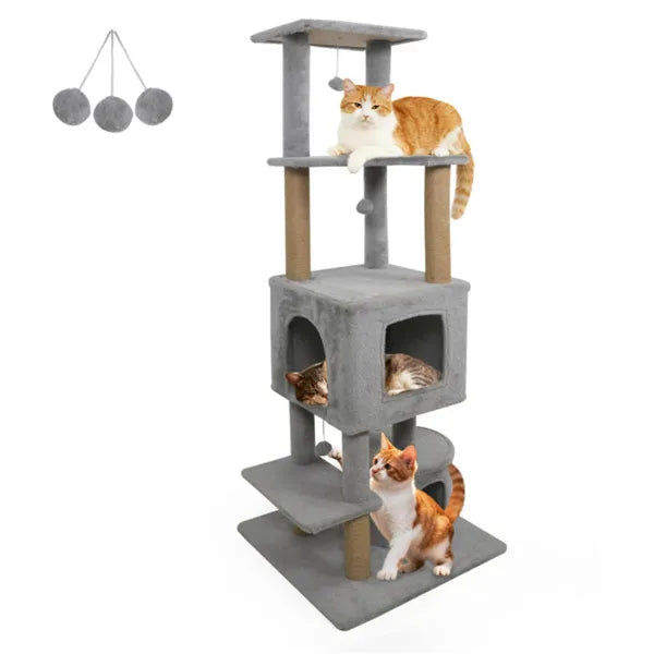 HKM-2336957 Multi-Level Light Gray Cat Tower with Plush Perches, Jute Scratching Posts, and Hanging Toys
