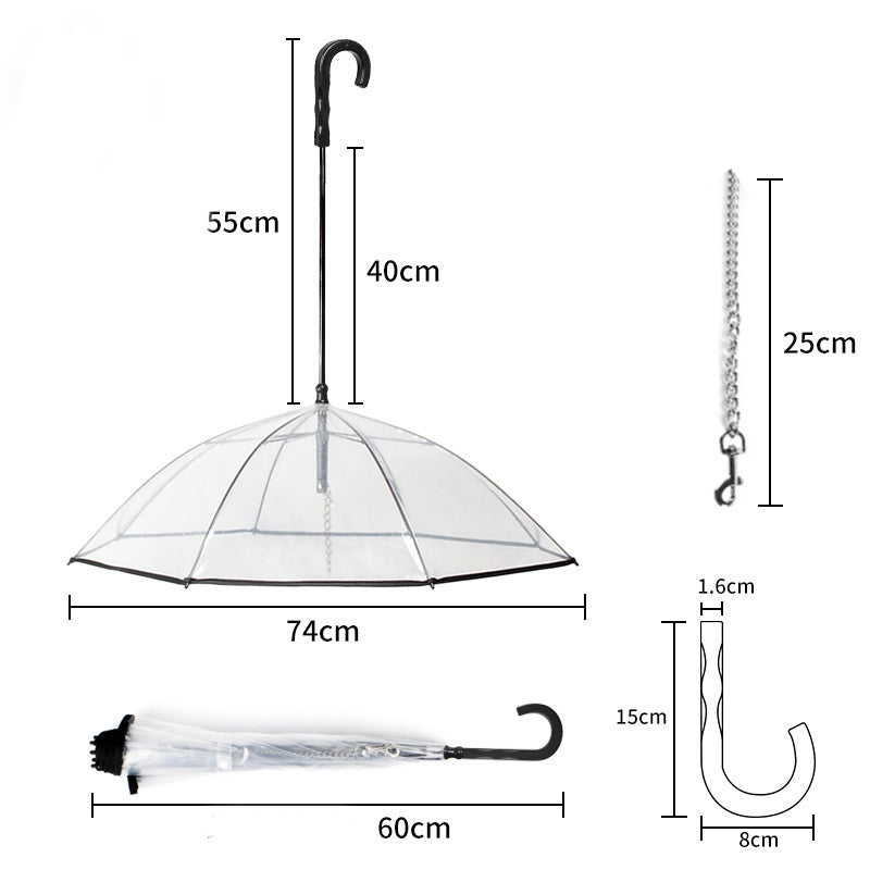HKM-2337085 Transparent Dog Umbrella with Removable Traction Chain