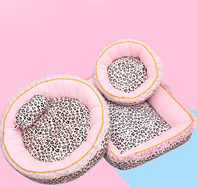 HKM-2337341 Pink Leopard Pattern Lace Dog and Cat House - Square & Round Nest Options