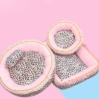 HKM-2337341 Pink Leopard Pattern Lace Dog and Cat House - Square & Round Nest Options