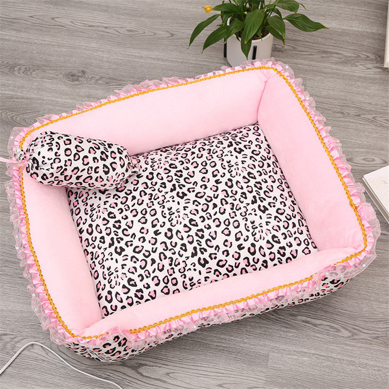HKM-2337341 Pink Leopard Pattern Lace Dog and Cat House - Square & Round Nest Options
