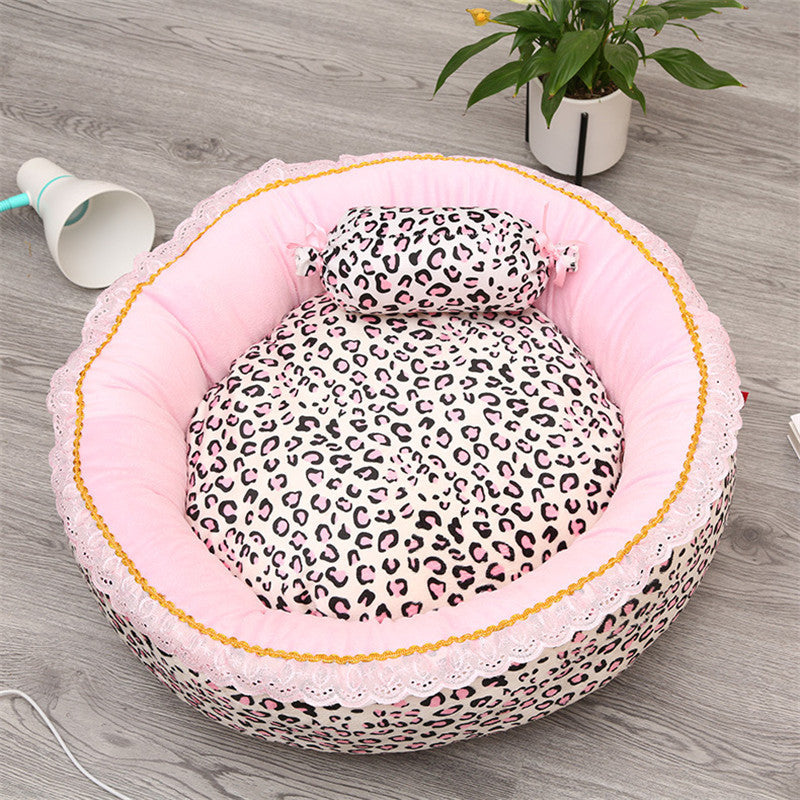 HKM-2337341 Pink Leopard Pattern Lace Dog and Cat House - Square & Round Nest Options