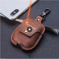 HKM-233811 Leather Portable Earphone Cover with Keychain - Clamshell Design, Solid Color, 6.3 cm x 12 cm