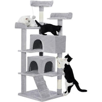 HKM-233939 56-Inch Multi-Level Cat Tree with Two Apartments, Scratching Posts, and Toys in Light Gray