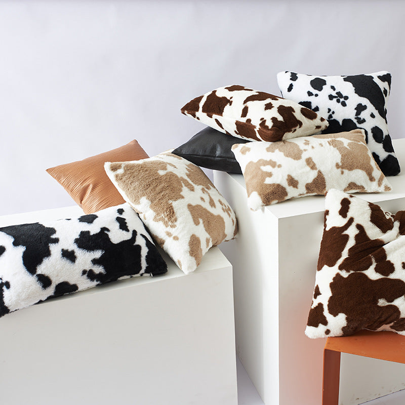 HKM-234003 Double-Sided Cow Flower Plush Pillow Cover - Modern Polyester Design, 50x50cm, 45x45cm, 30x50cm