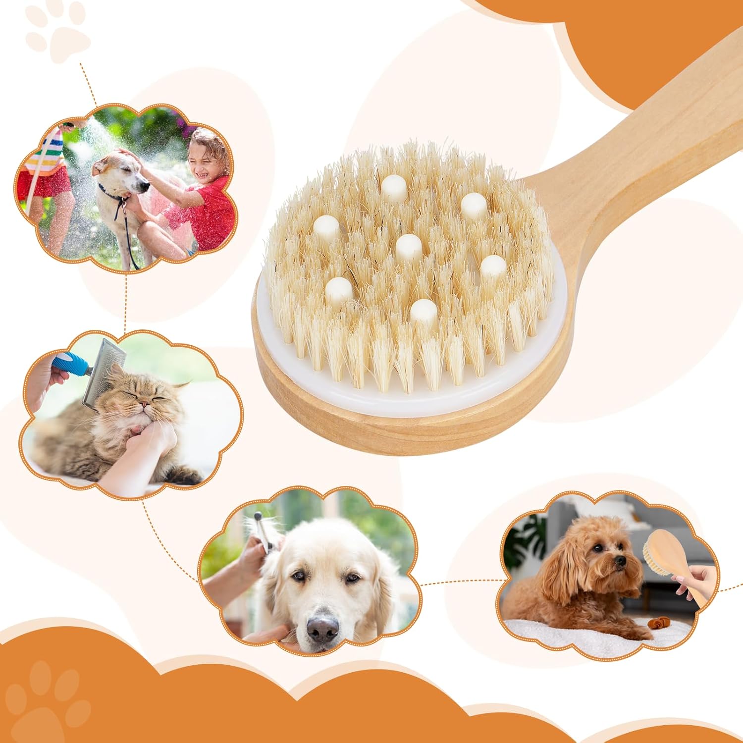 HKM-2340541 Pet Grooming Shower Brush with Wooden Handle and Natural Bristles for Dogs and Cats