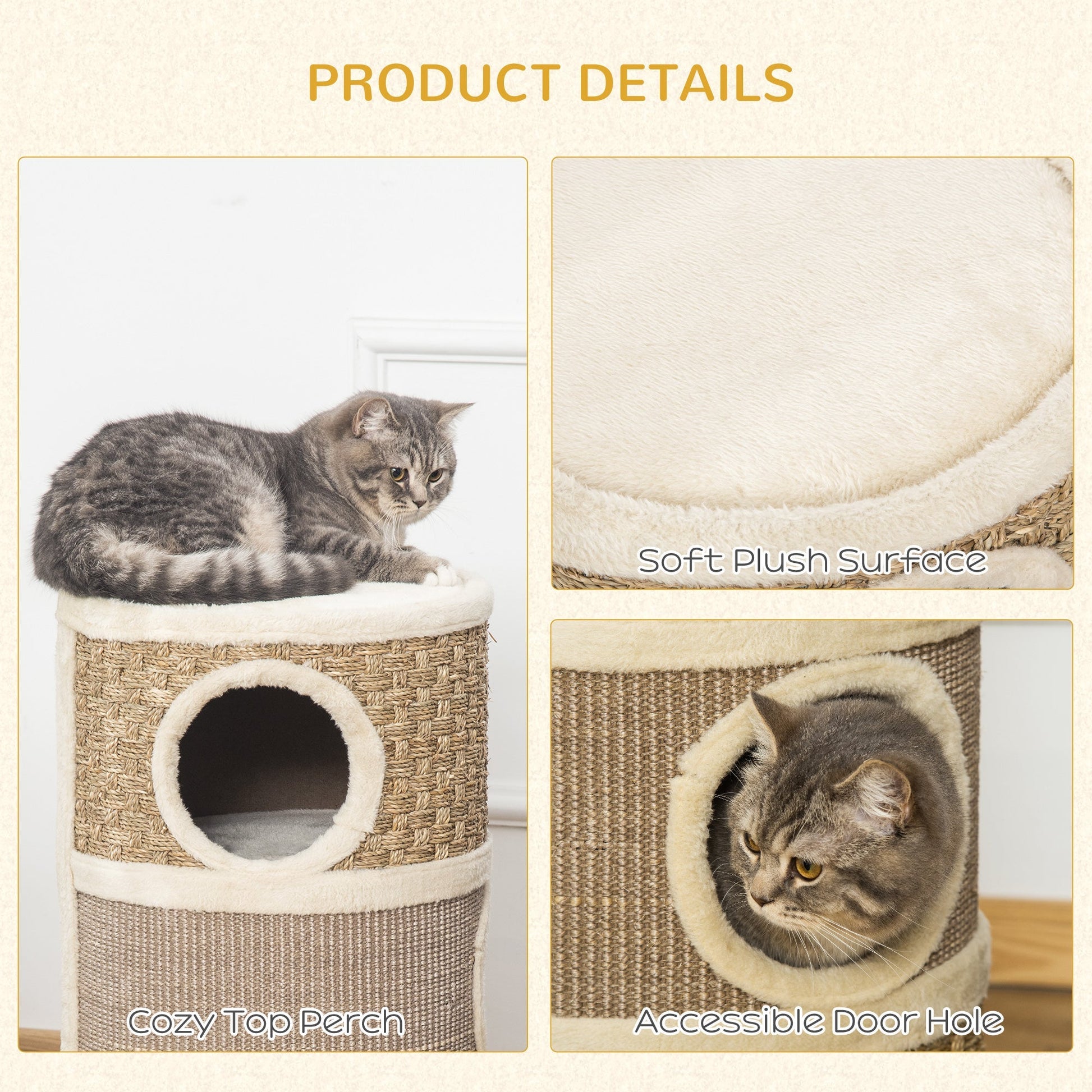 HKM-2341693 Three-Level Cat Condo with Plush Cover and Sisal Scratching Pads, 28 Inch Cat Tower
