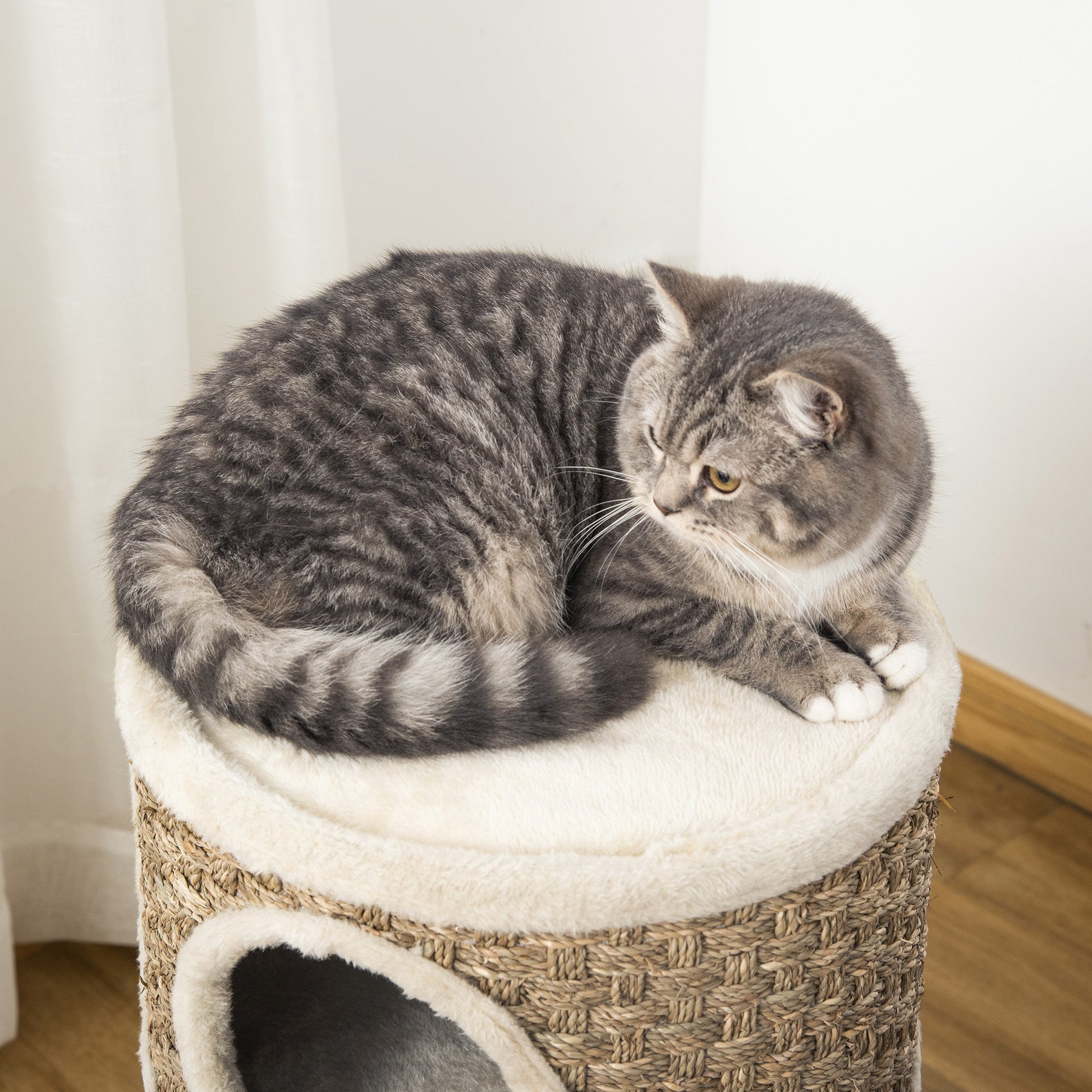 HKM-2341693 Three-Level Cat Condo with Plush Cover and Sisal Scratching Pads, 28 Inch Cat Tower