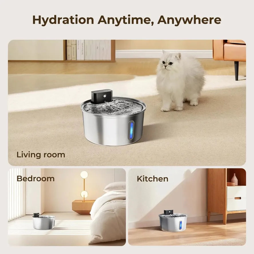 HKM-234387 Stainless Steel Automatic Cat Water Fountain - 3.2L/7L Wireless Sensing Pet Dispenser