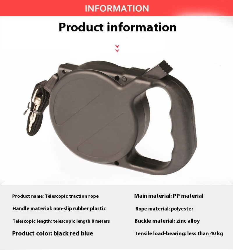 HKM-2348605 Automatic Retractable Dog Leash - 8m Nylon, Black, Durable Pet Supply