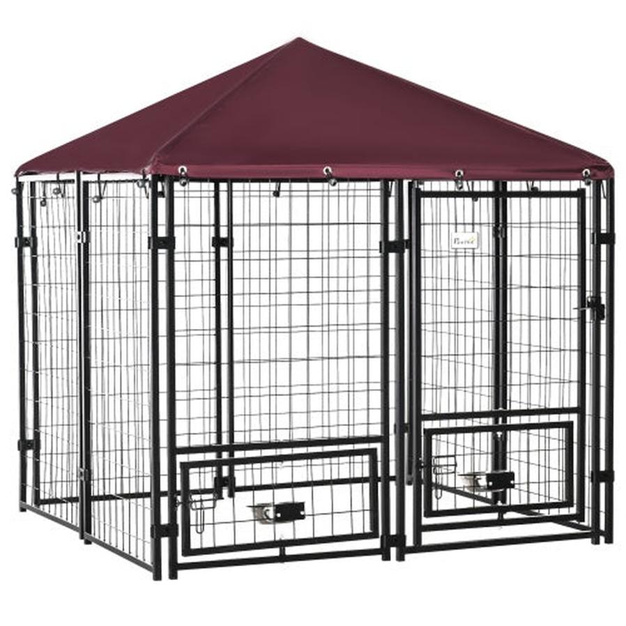 HKM-235091 PawHut Outdoor Pet Playpen with Rotating Bowl Rack and Waterproof Awning, 5' x 5' x 5', Heavy-Duty Welded Steel Design